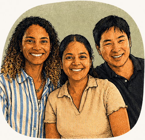 Illustrated portrait of three HeyCounsel community members.